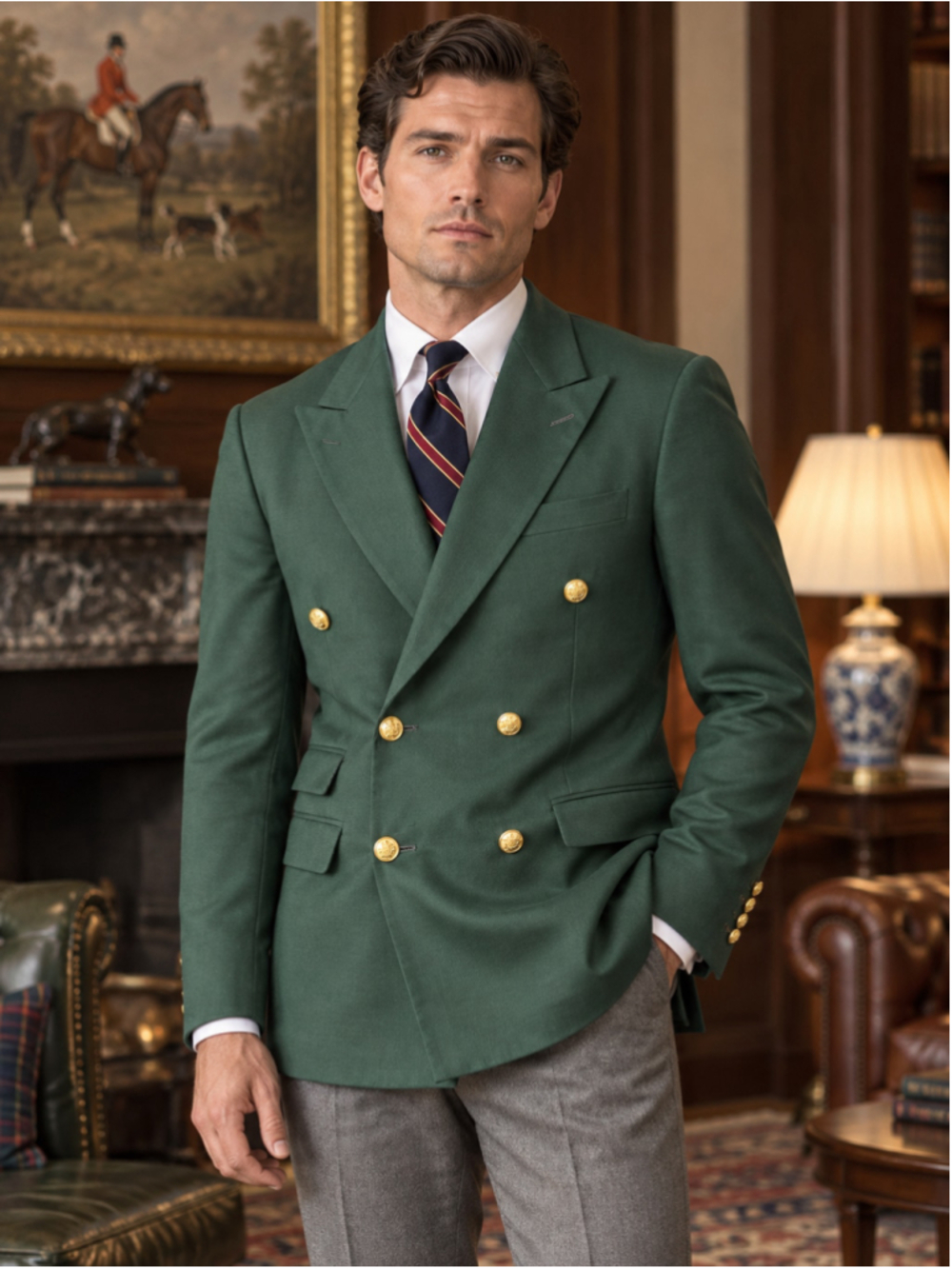 Double Breasted Wool Blazer Men 40 US Bagozza Milano Gold Button Old Money Green